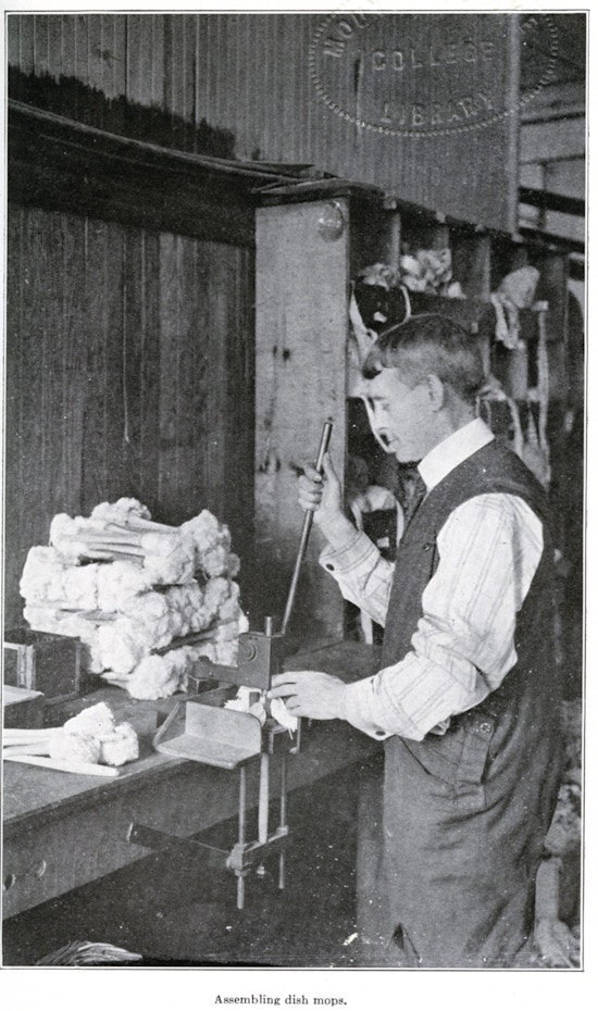 Man at a machine making dishmops