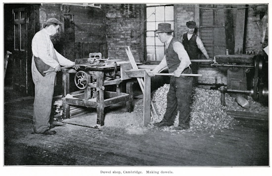 Three men working in a dowel shop.