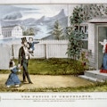 A man in top hat returns home to smiling wife and children, factory on a river in the background.