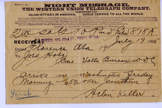 Telegram from Helen Keller to John Hitz reading, in part: "arrive in Washington Friday morning..." and was sent via Western Union.
