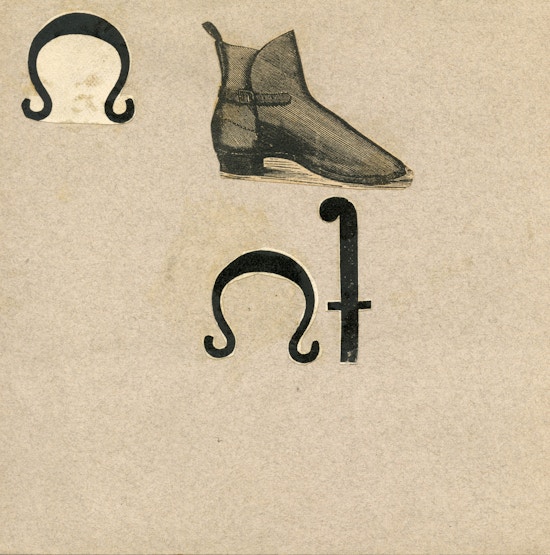 A page from Sarah Fuller's vocabulary notebook with different symbols, resembling the letter f, a horseshoe, and a shoe.
