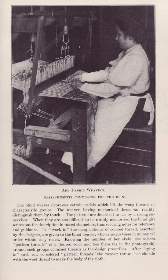 Woman sitting at loom weaving fabric, side view looking left, in light blouse, dark skirt, light apron