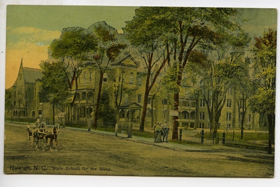 State School for the Deaf, Raleigh, North Carolina.  Ornate building with many trees, a horse and buggy passing.