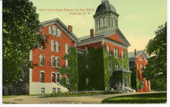 New York State School For The Blind, Batavia, New York. A large ivy-covered building.