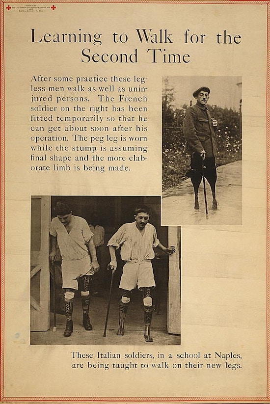 Exhibit poster showing two scenes in which men with double leg amputations are being taught to walk with prostheses.