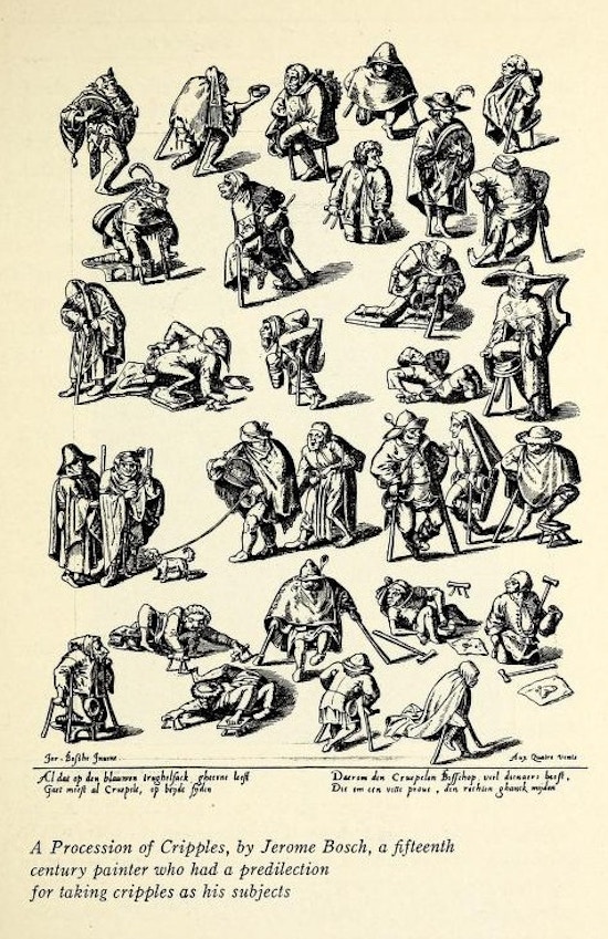 Drawings of about 25 physically disabled people, many with primitive crutches.