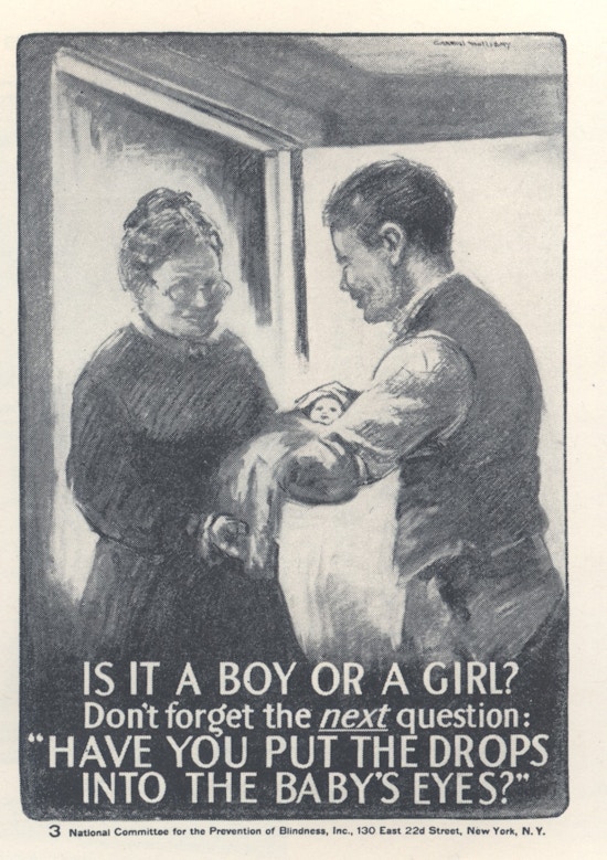 Poster with drawing of a man holding a baby, a woman in the a doorway.