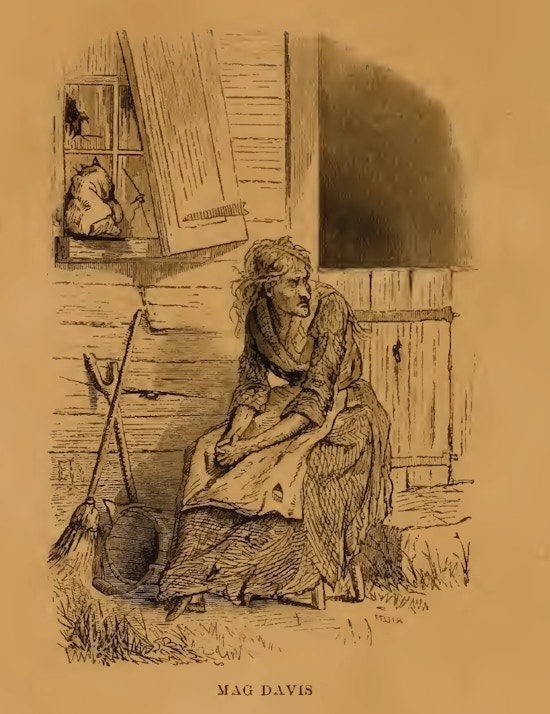 Older women sits on stool next to fence, broken window, and broom, her clothing somewhat tattered.