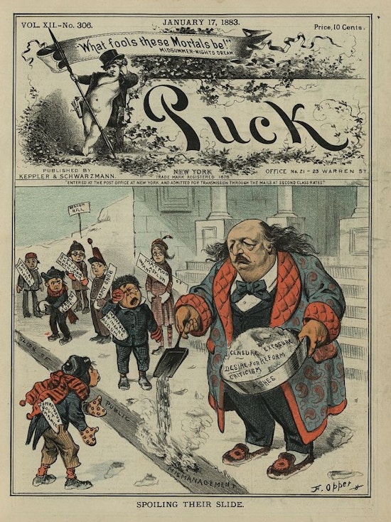 llustration shows Benjamin F. Butler spreading ashes labeled "Censure, Exposure, Desire for Reform, [and] Criticism" on a slide in the snow labeled "Slide of Public Mismanagement" to the dismay of a group of children labeled "Factory Employee, Sup't. of Charitable Institution, Prison Supt., Army Snob, Matron of Infant Asylum, Manager of Insane Asylum, [and] Superflluous Gov't. Employee" on "Beacon Hill".
