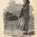 Girl in shawl stands before roasting chestnuts, snow blowing by.
