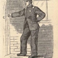 Boy in uniform stands next to door.