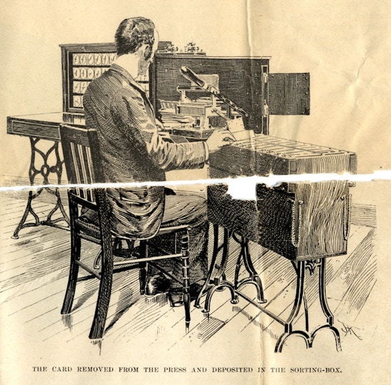 Man sitting at desk receiving sorted punch cards,