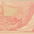 Trade card showing bottle of Adamson's Balsam positioned as cannon aimed at skeleton wearing cloak marked Coughs Colds Consumption.