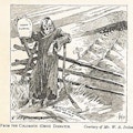 Cartoon of skeleton holding jug of wood alcohol next to fresh graves.