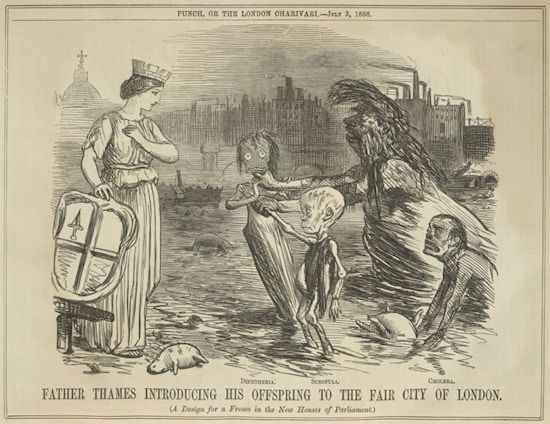 A woman with crown and shield watches as "Diphtheria," "Scrofula," "Cholera," and a large male creature emerge from dirty water.
