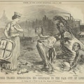 A woman with crown and shield watches as Diphtheria, Scrofula, Cholera, and a large male creature emerge from dirty water.