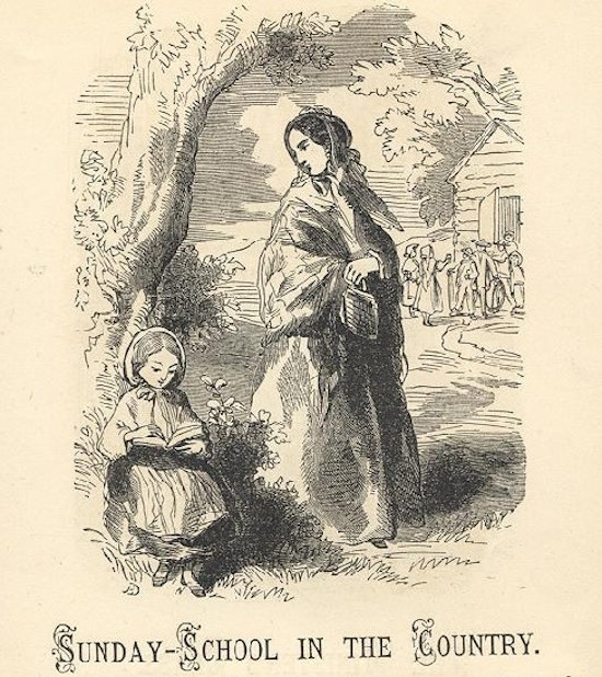 A young girl sits under a tree reading; an older woman stands nearby; sunday school in background.