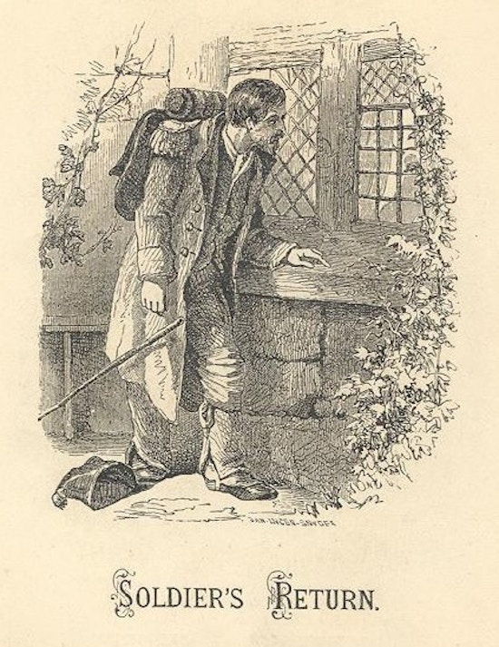 Engraving of a weary looking soldier returning to his home.