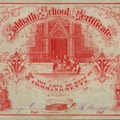 Certificate awarded and inscribed to student. Decorated with illustrations of church scenes.