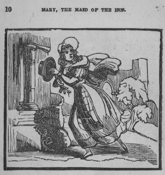 Mary flees, carrying a hat.