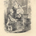 An elderly man weaves baskets as two women watch.