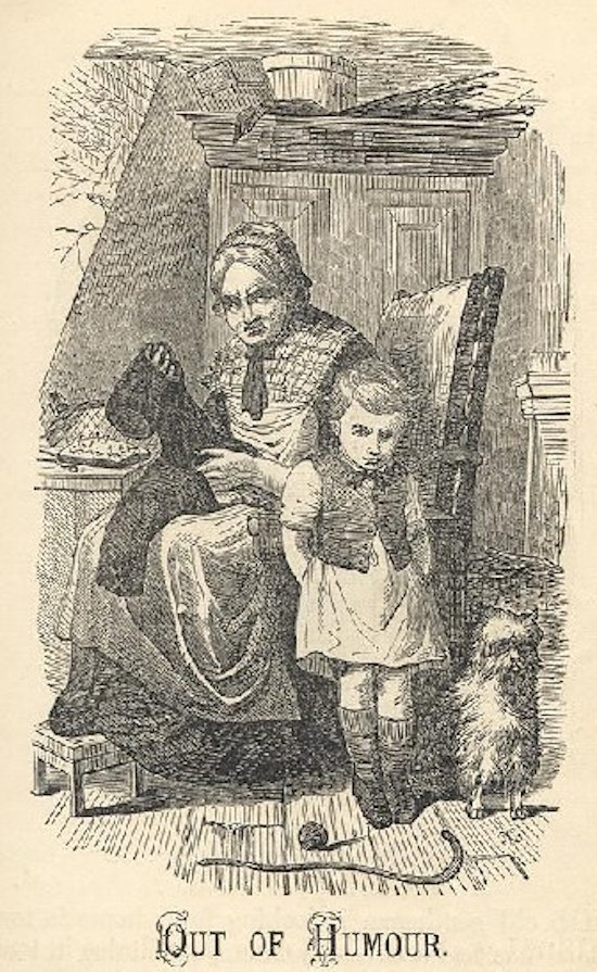 An elderly women mends to pants while a boy unhappily waits.