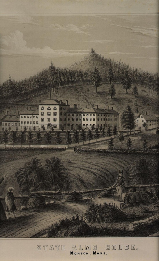Lithograph that depicts a woman with 2 children pointing towards the State Alms House which sits on a hill.