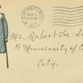 Front of postcard including a drawing of a girl in a blue dress using crutches.