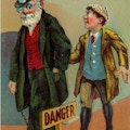 Bright color illustration of an elderly blind man leading a young blind boy past a Danger sign