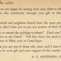 Form note, from the back of a postcard, from the Chairman of the Community Chest thanking donors for their contributions and soliciting the names of other potential donors.