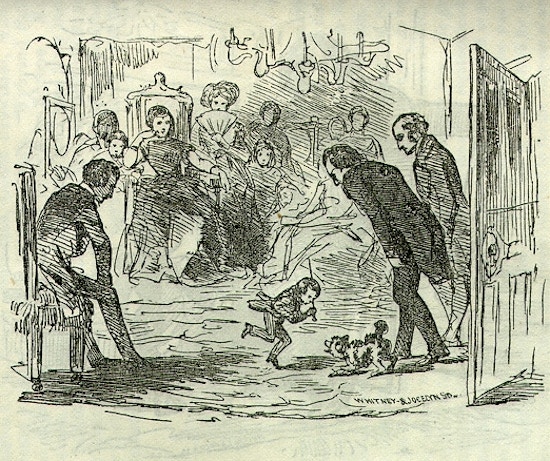 An illustration depicting Tom Thumb fending off a small dog with his cane, to the apparent amusement of an adult crowd in a parlor.