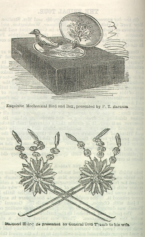 Illustrations of wedding gifts, including a mechanical bird given by P.T. Barnum.