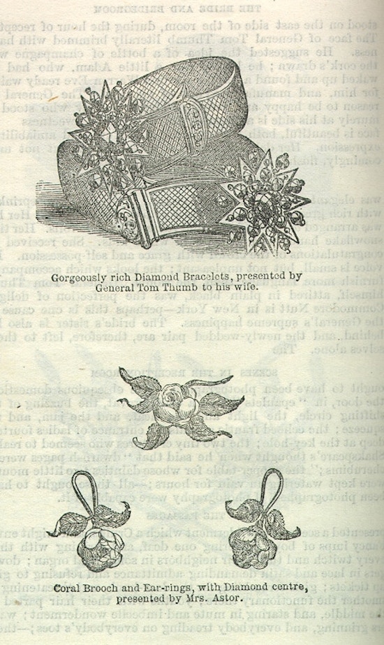 Illustrations of wedding gifts, including one from Mrs. Astor.