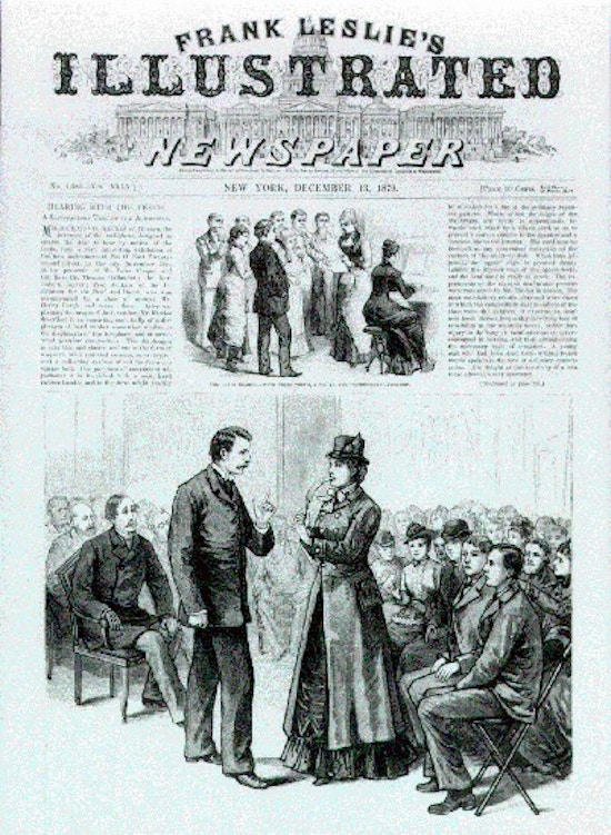 Cover of the newspaper with illustrations of a piano recital for deaf students and of a deaf woman.