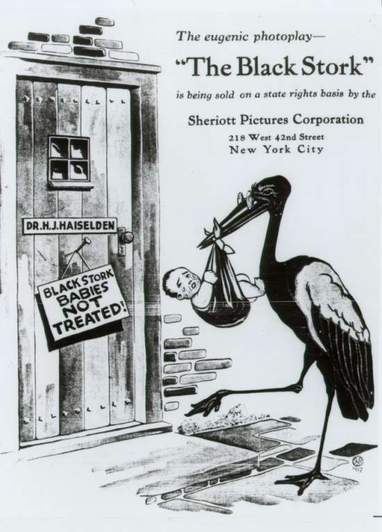 The Black Stork delivers a crying baby to Dr. Haiselden's door.  A sign on the door reads "Black Stork Babies Not Treated"