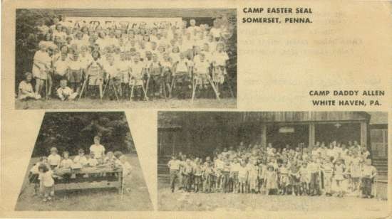 Two large group photographs of campers; one small group photo of campers doing activities at an outside table
