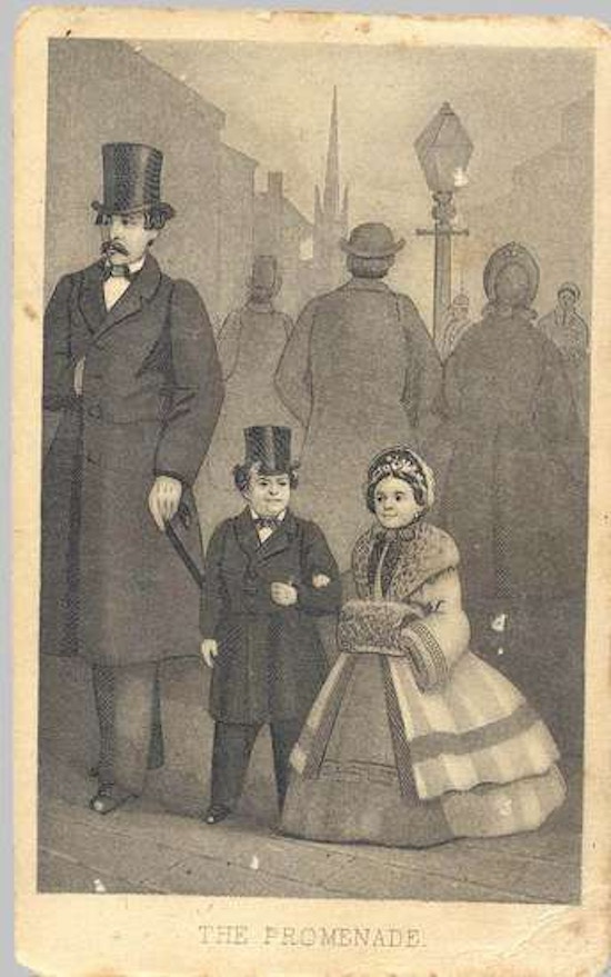 Mr. and Mrs. Tom Thumb stroll down a busy city street arm in arm, dressed in formal wear.