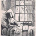 A young woman in bed looks out her window at the town.