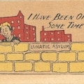 A cartoon of  man looking over the wall of an insane asylum.