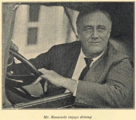 Franklin Roosevelt looks out from a car.