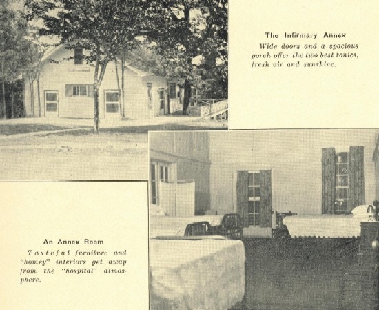 Photographs of a building and a room with four bed.