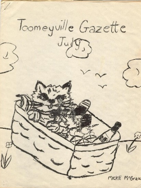 A drawn picture of a cat in a picnic basket.
