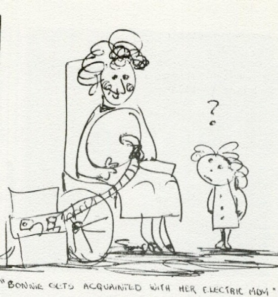 A drawing of a women in a wheelchair with chestpiece as a girls looks on.