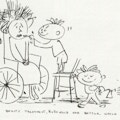 A drawing of woman in a wheelchair with children applying make-up.