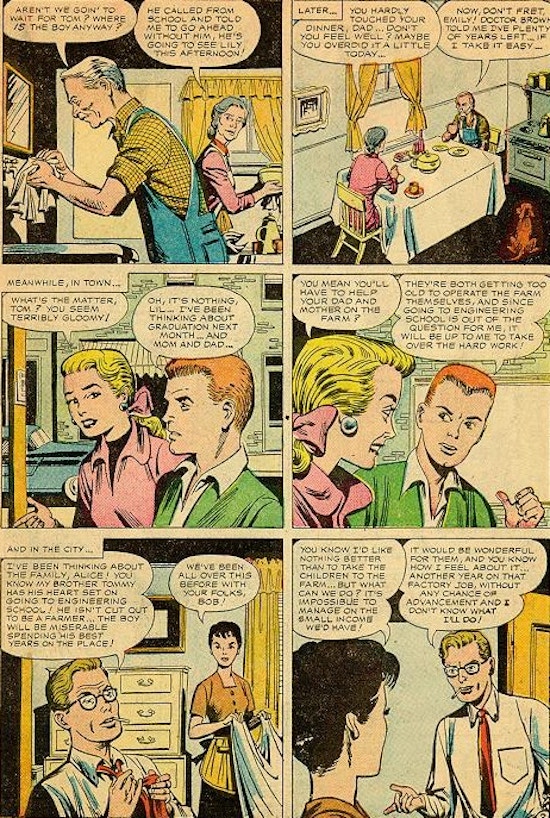 Comic book panels.  Three sets of couples converse.