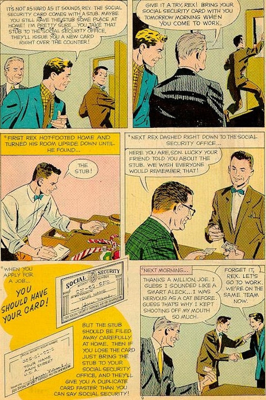 A young man goes to the Social Security office and get his new card.