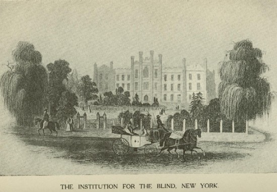 An engraving of an ornate building with trees and an iron fence.