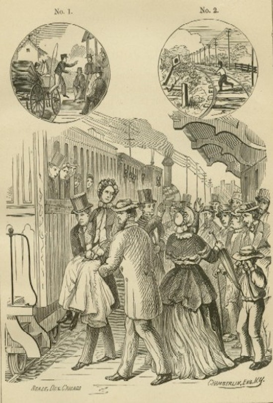 Men carry a woman to a waiting train while a crowd looks on.