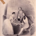 A tiny Tom Thumb stands on a table next a woman and two men.  The room is ornate.