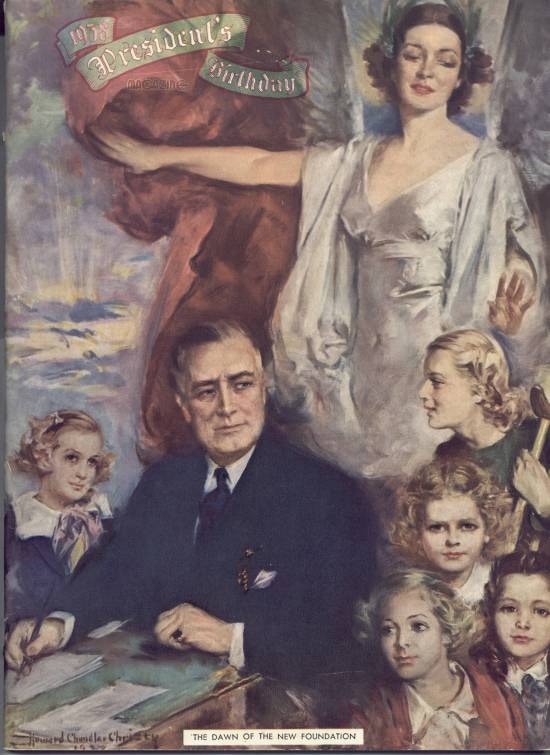 FDR sits at a desk surrounded by children, one holding a crutch. A woman looks on.